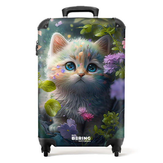 NoBoringSuitcases.com® Kids' suitcase for girls with cute illustrations of kittens, flowers, and forest. Compact hand luggage trolley measuring 55x40x20 cm.