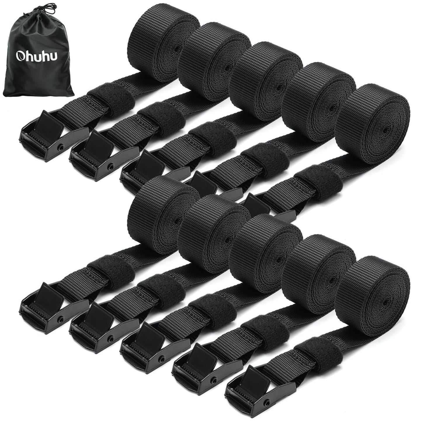 Ohuhu 10 Pack Ratchet Straps Tie Down Straps Black with Zinc Alloy Buckle, Quick Release Ratchet Strap up to 250 kg DIN EN 12195-2 with Carrying Bag for Car, Bike Rack & Motorcycle