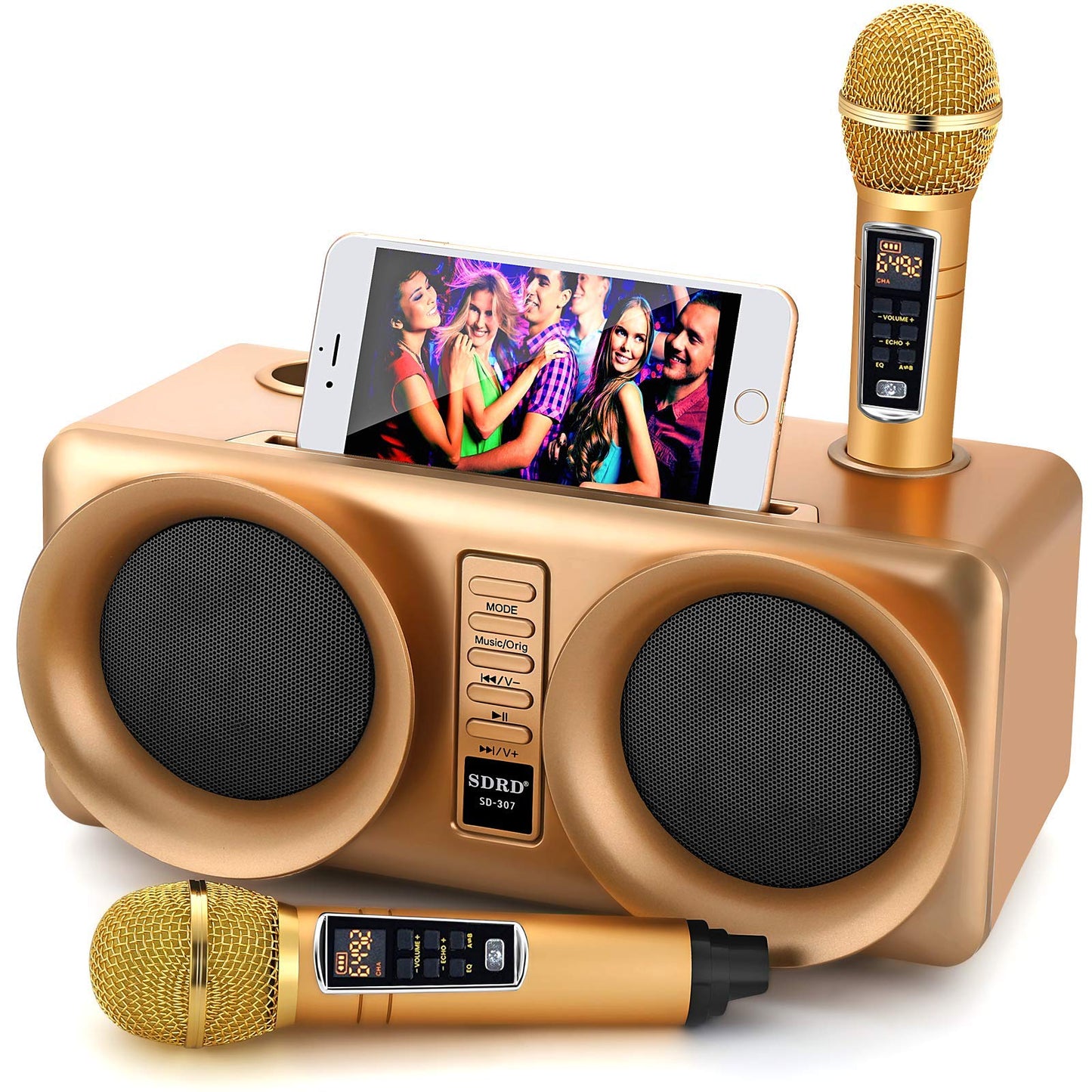 ALPOWL Karaoke Machine for kids and adults, portable Bluetooth speaker PA system with 2 UHF wireless microphones for home party, wedding, church, picnic, outdoor/indoor (Gold)