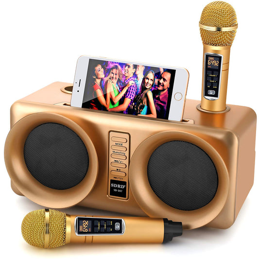 ALPOWL Karaoke Machine for kids and adults, portable Bluetooth speaker PA system with 2 UHF wireless microphones for home party, wedding, church, picnic, outdoor/indoor (Gold)