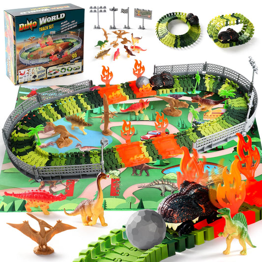 Dinosaur toy for ages 3 and up - race track for kids with 10 mini dinosaur figures, 1 car, and race track. Perfect gift for boys and girls ages 3-7.