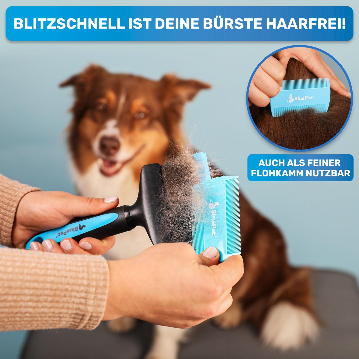 BluePet Grooming Tool Pro Professional Dog Brush Long Hair, Flexible De-shedding Brush for Dogs & Cats I Gently Removes Undercoat, Tangles & Knots (Double Head Blue)