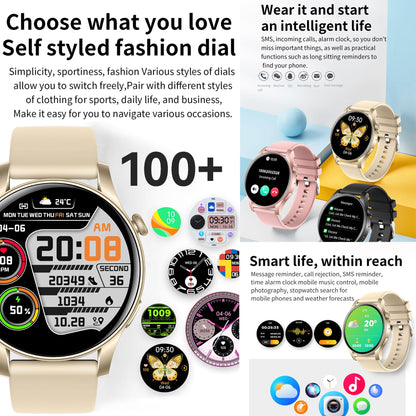 Women's smartwatch with phone function, 1.43" AMOLED fitness watch with 100+ sport modes, heart rate monitor, sleep monitor, step counter, fitness tracker compatible with Android/iOS, 3 bands, gift for women (gold)