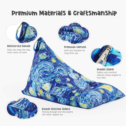 Nobildonna Bean Bag Chair Cover for Kids and Adults, extra large bean bag without filling, plush toy holder and organizer, premium canvas, 250 l (Starry Night)