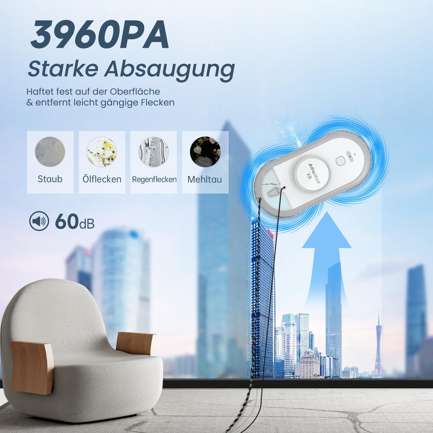 AlfaBot X8 window cleaning robot, electric window cleaner robot, glass cleaning robot with water spraying function in two directions, remote control, voice support in English, auto sprayer.