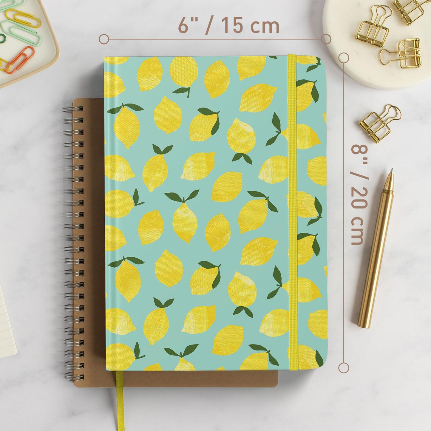 Riley's & Co. dotted notebook, 20.3 x 15.2 cm, hardcover, motivation journal, lemon yellow.