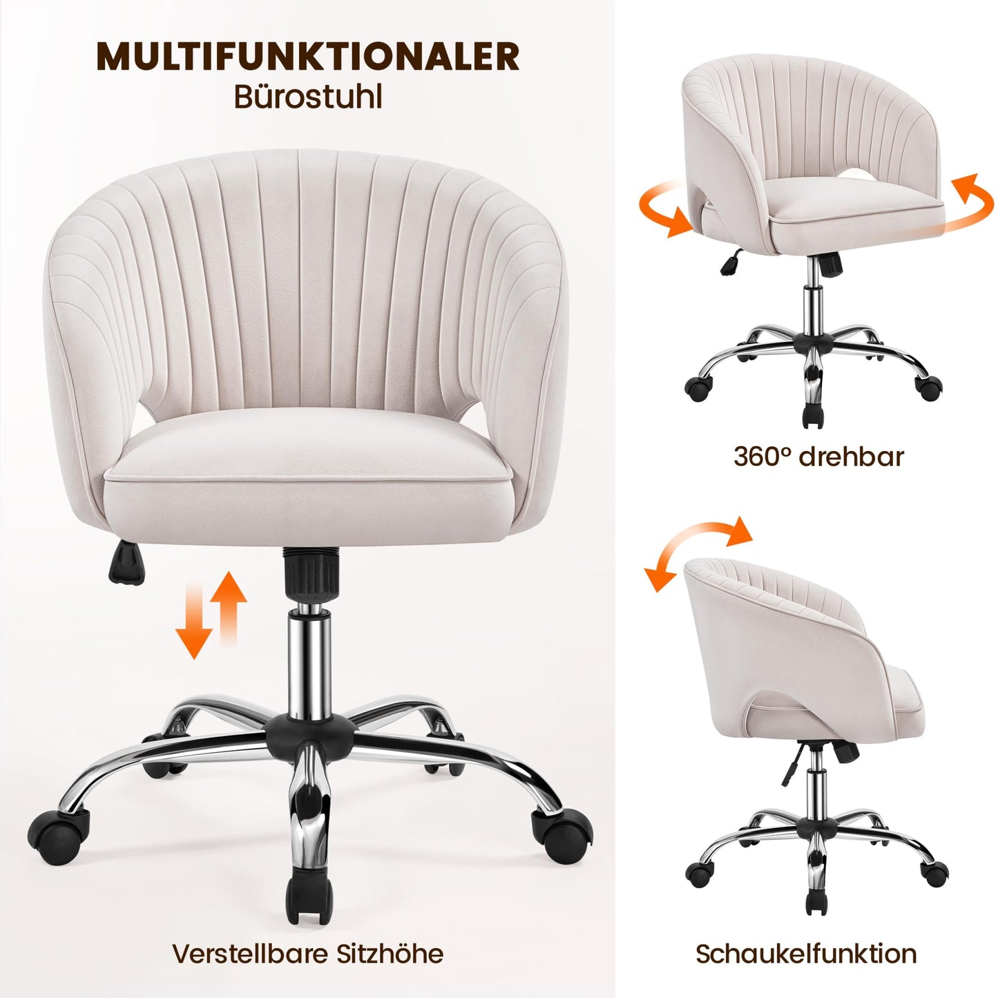 Yaheetech Makeup Chair with Velvet Cover, Office Chair with Armrests, Swivel Chair with Casters, Height Adjustable Home Office Chair, Office Chair with Rocking Function, Rotatable Upholstered Chair Cream White