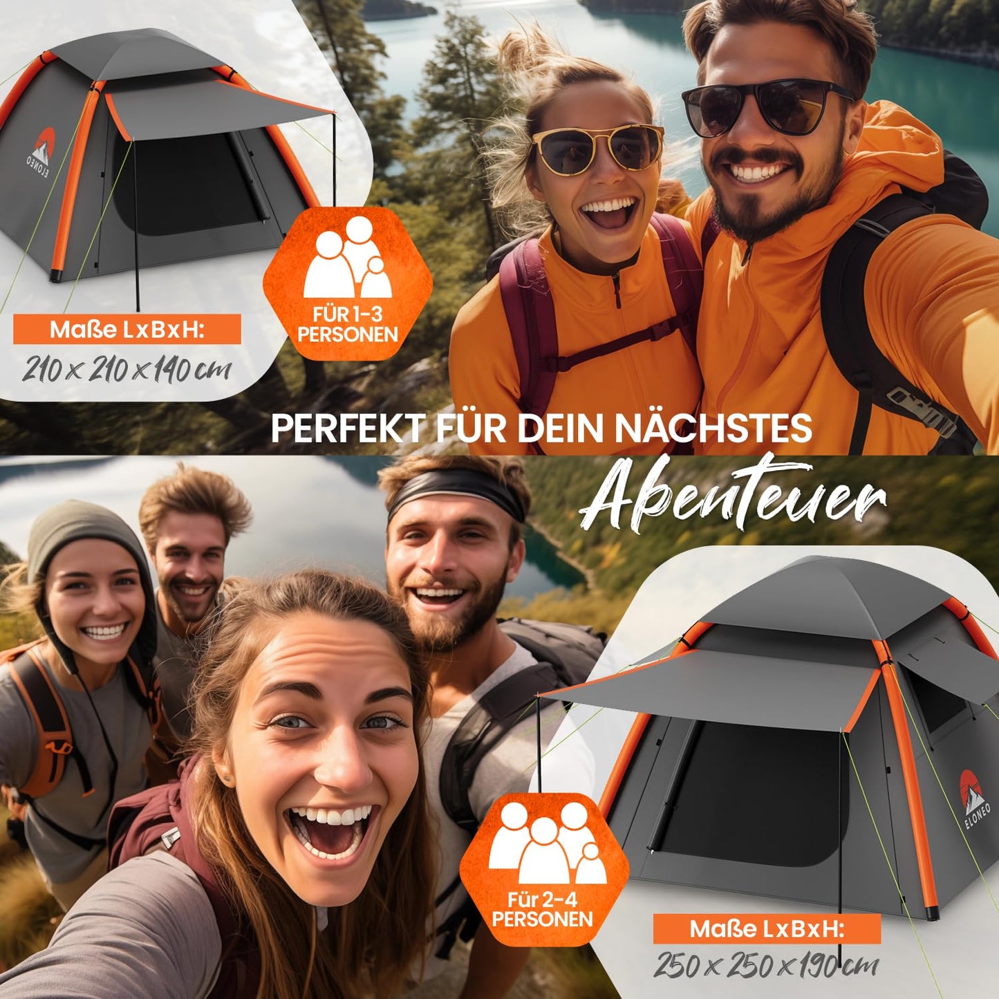 ELONEO inflatable tent for 1-3 people with canopy & air pump, waterproof camping tent, lightweight air tent, Inflatable Tent, Glamping tent with free LED light