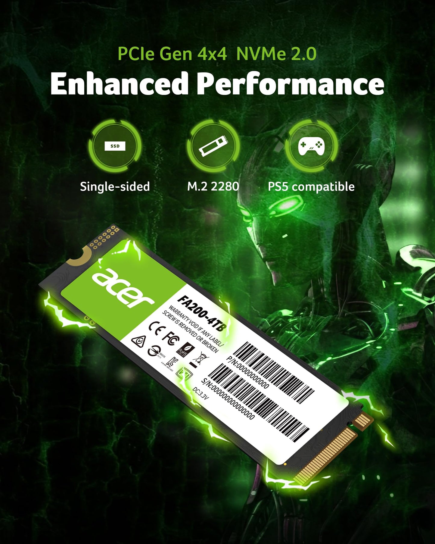acer FA200 PCIe 4.0 NVMe SSD 2TB: up to 7200 MB/s read speed, Gen4x4 M.2 2280 Internal Solid State Drive with HMB & SLC - for Laptop/Desktop PC/Gaming (PS5 compatible)