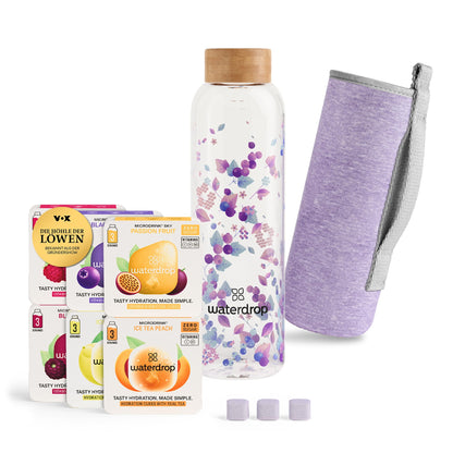 waterdrop® glass bottle 600ml incl. 18 sugar-free drops - gift for women - trial package with water bottle, flavor drops & vitamins - leak-proof bottle suitable for carbonation