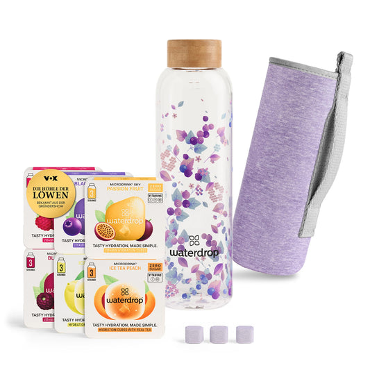 waterdrop® glass bottle 600ml incl. 18 sugar-free drops - gift for women - trial package with water bottle, flavor drops & vitamins - leak-proof bottle suitable for carbonation