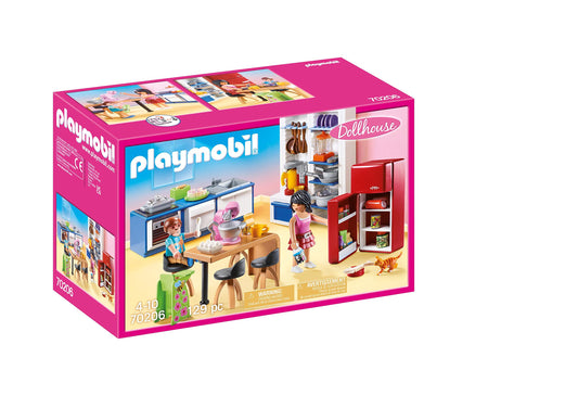 PLAYMOBIL Dollhouse 70206 Family Kitchen, with stove, dishwasher, refrigerator, dining area, and clever cooking utensils. For ages 4 and up.