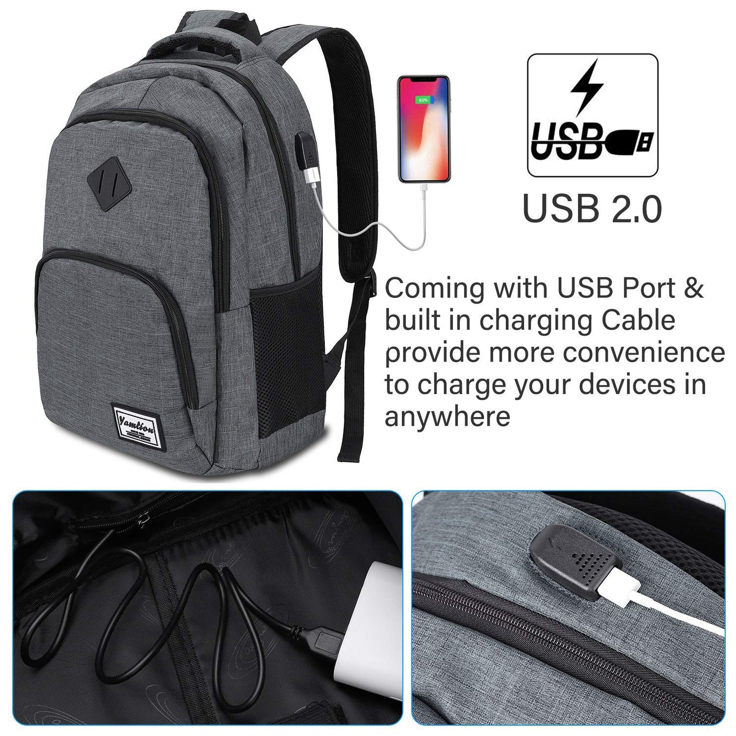 YAMTION Laptop Backpack, Men's Backpack with USB Charging Port School Backpack for Boys Teenagers with 15.6 Inch Laptop Compartment for Work School Travel, 35L