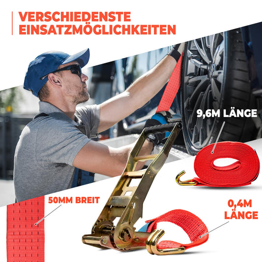 2 pieces of 5000kg 10m ratchet straps with ergo ratchet and hook, 2-part lashing strap for trucks, 50mm TÜV/GS approved.