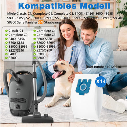 14 vacuum cleaner bags for Miele 3D Efficiency GN vacuum Classic C1 Complete C2 C3, S227, S600, S5000 and S8000 series dust bags, efficiency bags including 4 exhaust filters & 4 motor protection filters.