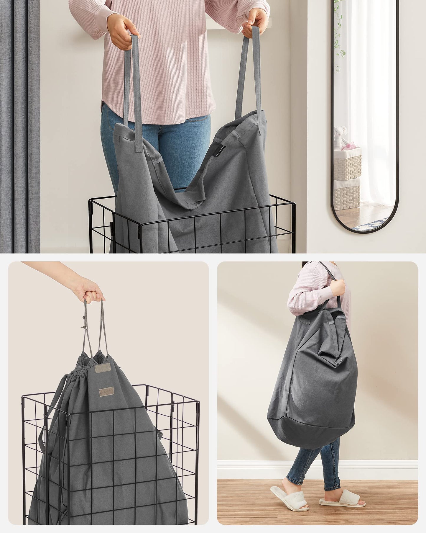 SONGMICS 90L Laundry Basket, foldable laundry hamper, detachable and washable laundry bag, metal wire frame, for bedroom, bathroom, laundry room, black-grey LCB190G01