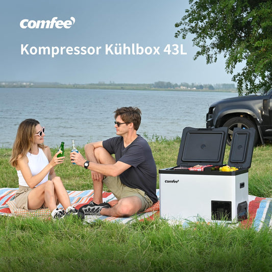 Comfee RCP43DS3(E) 43L compressor cooler, electronic control, LED light, ECO mode, low noise, suitable for home and outdoor use, 12/24V DC and 100-240V AC power supply.