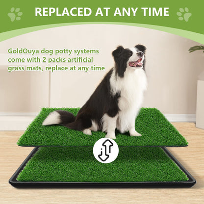 GoldOuya 60 x 90 cm dog grass pad with tray for indoor and outdoor use, great for large dog potty training is a complete potty system. Grass potty pads for dogs with tray are reusable.