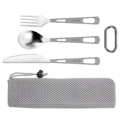 OUTXE Titanium camping utensil set 3-piece polished titanium spoon-fork-knife combo and neoprene case, lunchbox cutlery set and travel utensil.