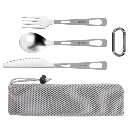 OUTXE Titanium camping utensil set 3-piece polished titanium spoon-fork-knife combo and neoprene case, lunchbox cutlery set and travel utensil.