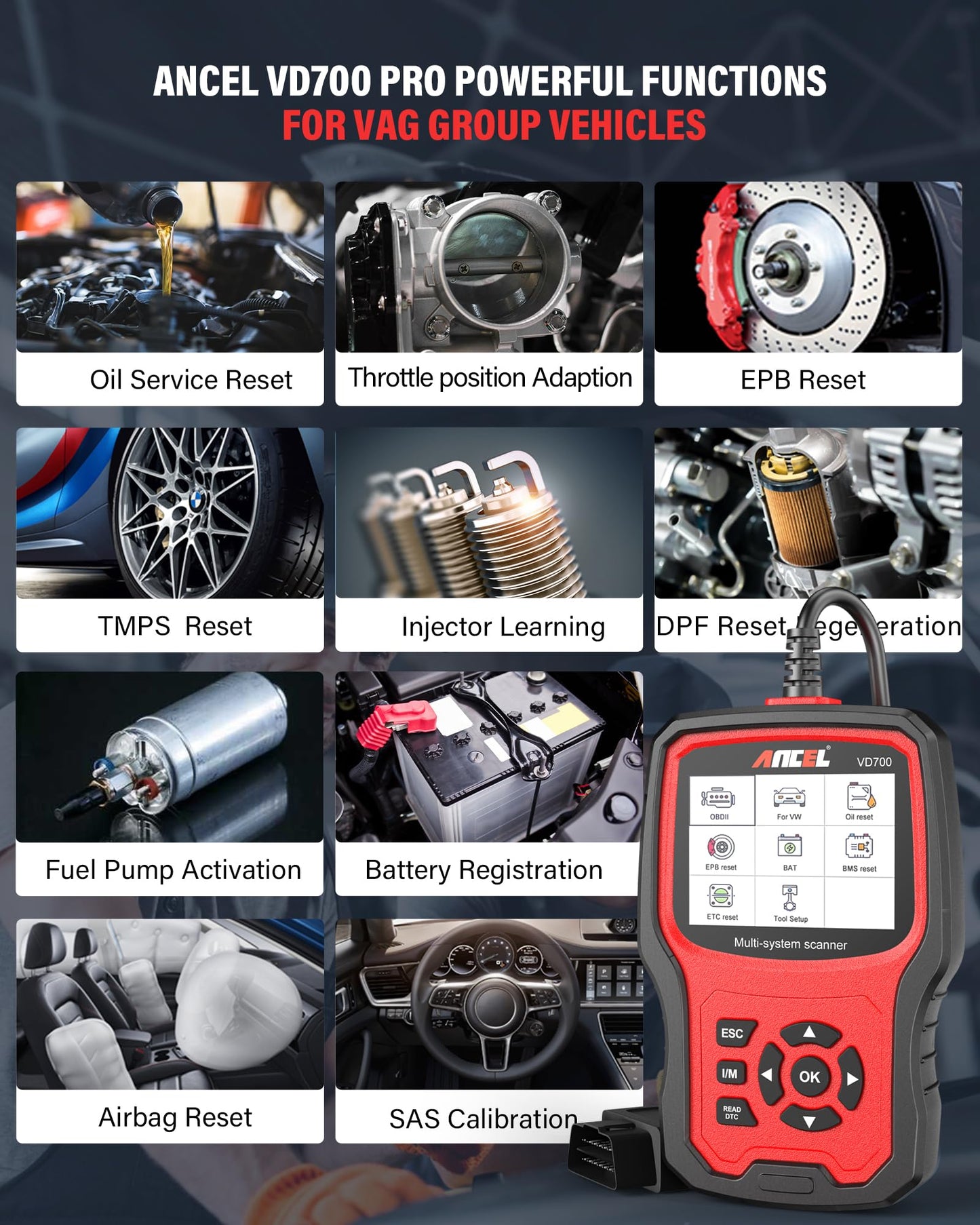 ANCEL VD700Pro OBD2 diagnostic tool for VAG vehicles. Supports all systems with 8 special functions: oil, TPMS, EPB, TPS, injector, SAS, DPF reset, battery registration. Read and clear error codes.
