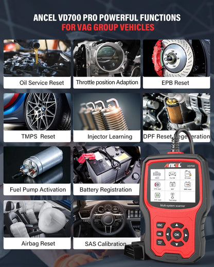 ANCEL VD700Pro OBD2 diagnostic tool for VAG vehicles. Supports all systems with 8 special functions: oil, TPMS, EPB, TPS, injector, SAS, DPF reset, battery registration. Read and clear error codes.