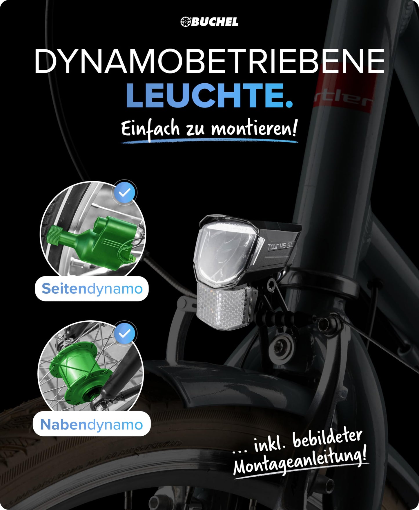 BÜCHEL Tour Dynamo Lamp with stand light and StVZO approval | 45 LUX front bike lamp, LED stand light, bike headlight, LED front bike light, Black