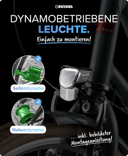 BÜCHEL Tour Dynamo Lamp with stand light and StVZO approval | 45 LUX front bike lamp, LED stand light, bike headlight, LED front bike light, Black