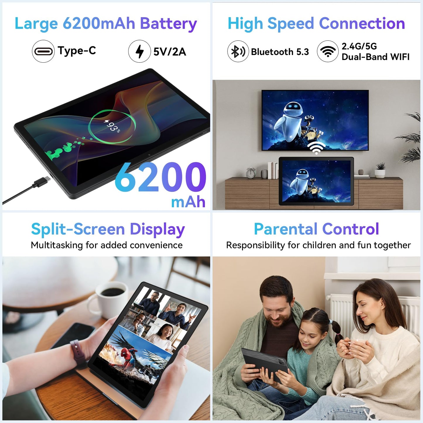 Whitedeer Android 15 Tablet 10 inch 22GB+128GB+1TB TF Octa Core and Widevine L1, Wi-Fi 6G/BT 5.3, 6200mAh Gaming Tablet Android, Dual 5+8MP, Computer mode supported - Black