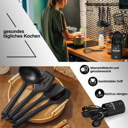 Kitchen helper set, 12-piece silicone cooking utensils set, heat resistant cookware with utensil holder, non-stick cooking set kitchen utensils, dishwasher safe - Black