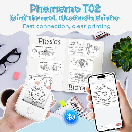 Phomemo T02 Mini Printer, photo printer for smartphones, with 1 roll of printing paper, 203dpi mobile sticker thermal printer, portable pocket inkless sticker printer for IOS & Android.