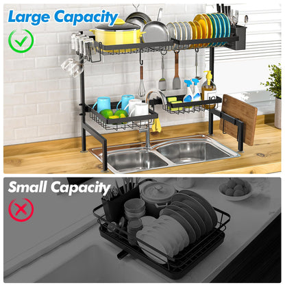 SNSLXH 3-tier dish drying rack with 6 baskets, 63-89.9 cm, sink dish drying rack, large kitchen sink shelf, extendable and adjustable, saves space in the kitchen.