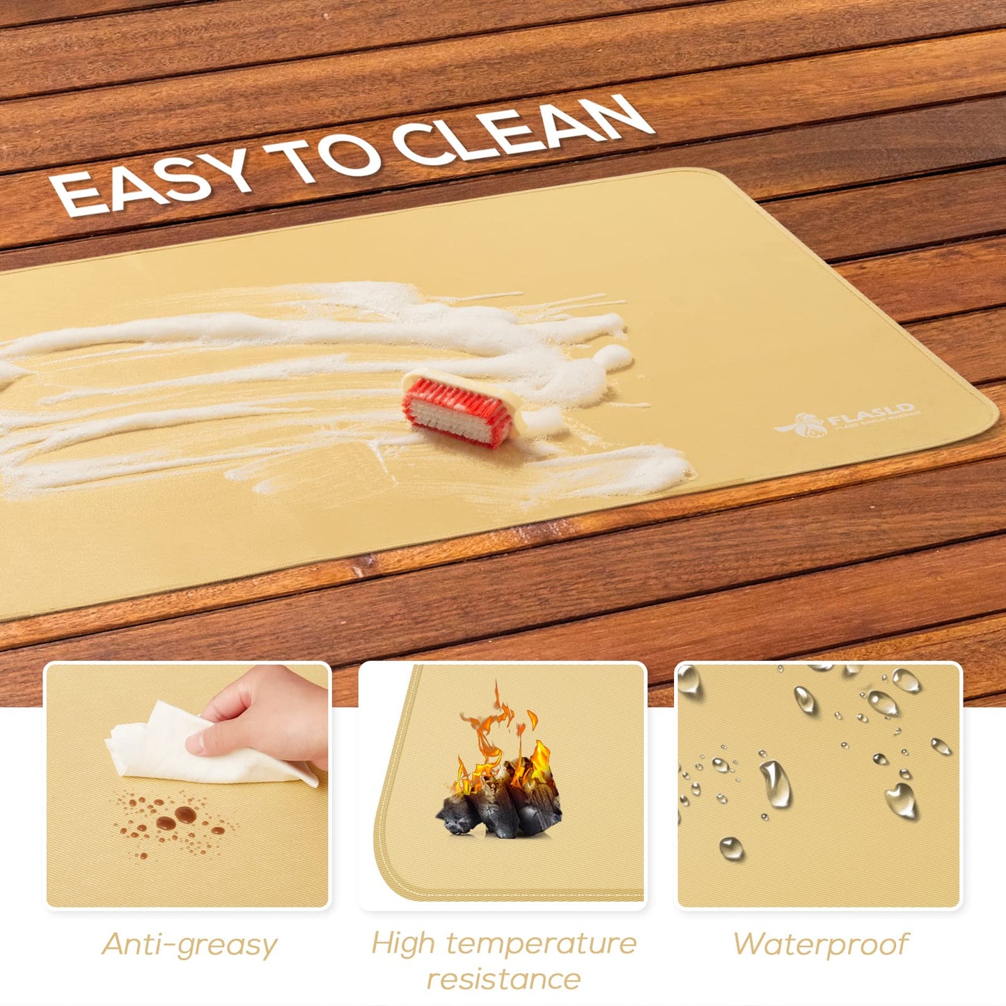 FLASLD Fireproof Carpets for fireplace, grill, and stove, 61 x 106 cm under the grill, protective cover and patio mat, easy to clean and reusable fire pit mat, Khaki.