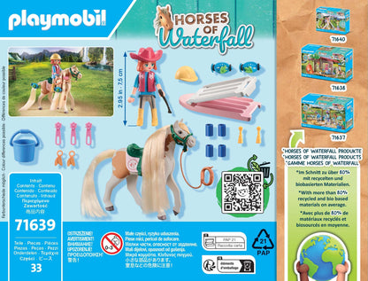 PLAYMOBIL Horses of Waterfall 71639 Ellie & Horse with styling iron, including hair accessories for creative horse hairstyles and two real silicone bracelets, sustainable toy for kids ages 5 and up.