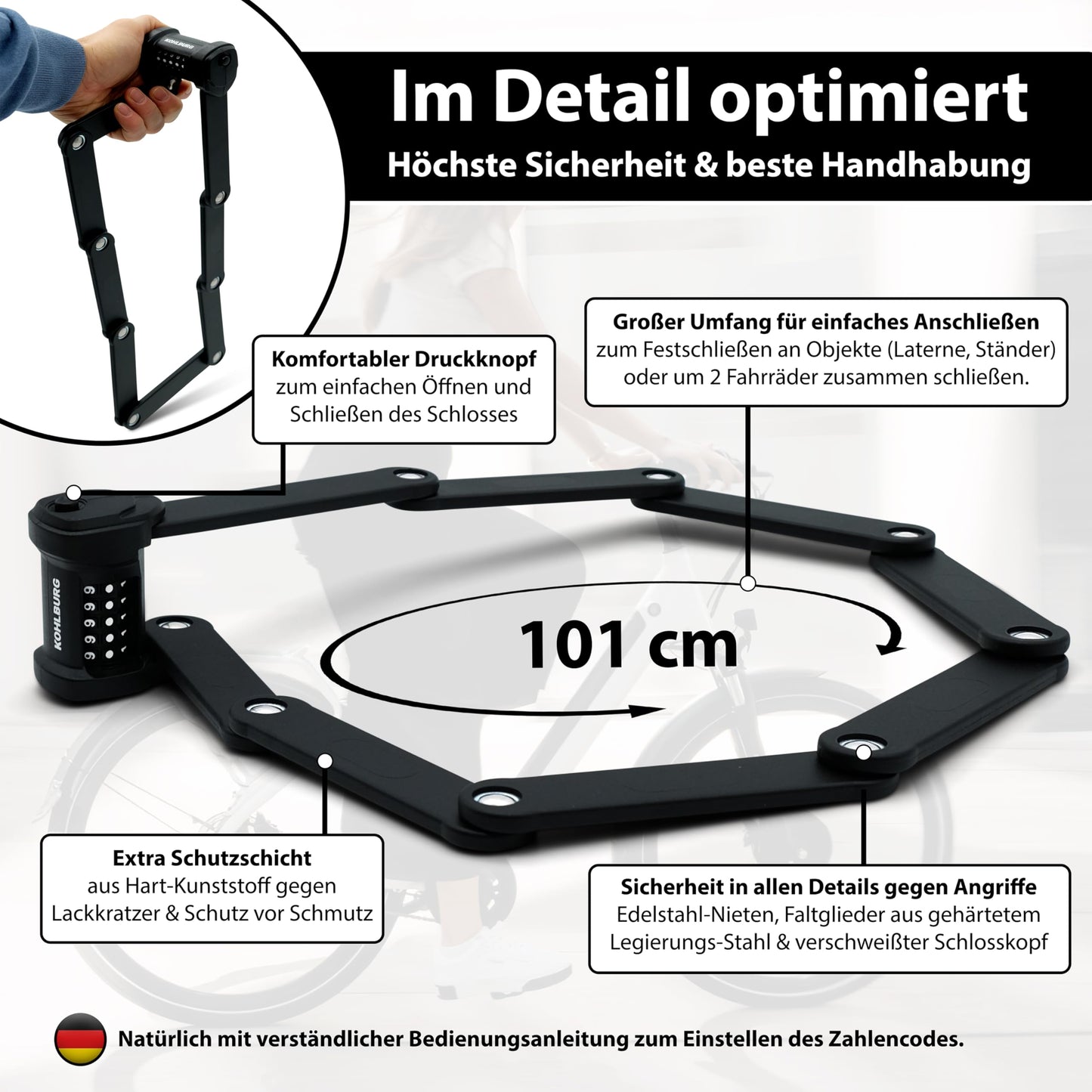 KOHLBURG bike lock combination lock with 5-digit code [bolt-cutter resistant, 101 cm long] folding lock type Vienna with bracket high security - bike lock for e-scooters, e-bikes & bikes