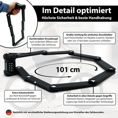 KOHLBURG bike lock combination lock with 5-digit code [bolt-cutter resistant, 101 cm long] folding lock type Vienna with bracket high security - bike lock for e-scooters, e-bikes & bikes