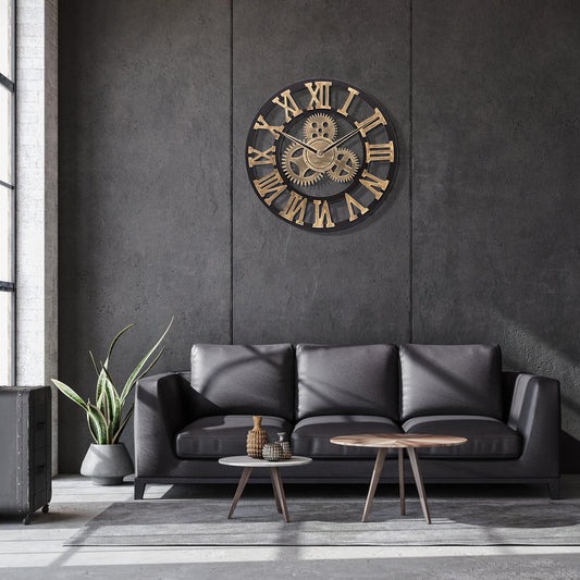 Lafocuse Wooden Wall Clock Large Industrial Gold, Silent Vintage Wall Clock 60cm XXL, Gear Roman Numerals Steampunk Large for Living Room Kitchen