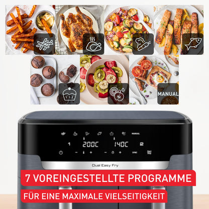 Tefal Dual Easy Fry XXL double-chamber hot air fryer, 11 liter capacity, 6.5L drawer and 4.5L drawer, no additional oil needed, 7 programs, dishwasher safe, grey, EY942BE0