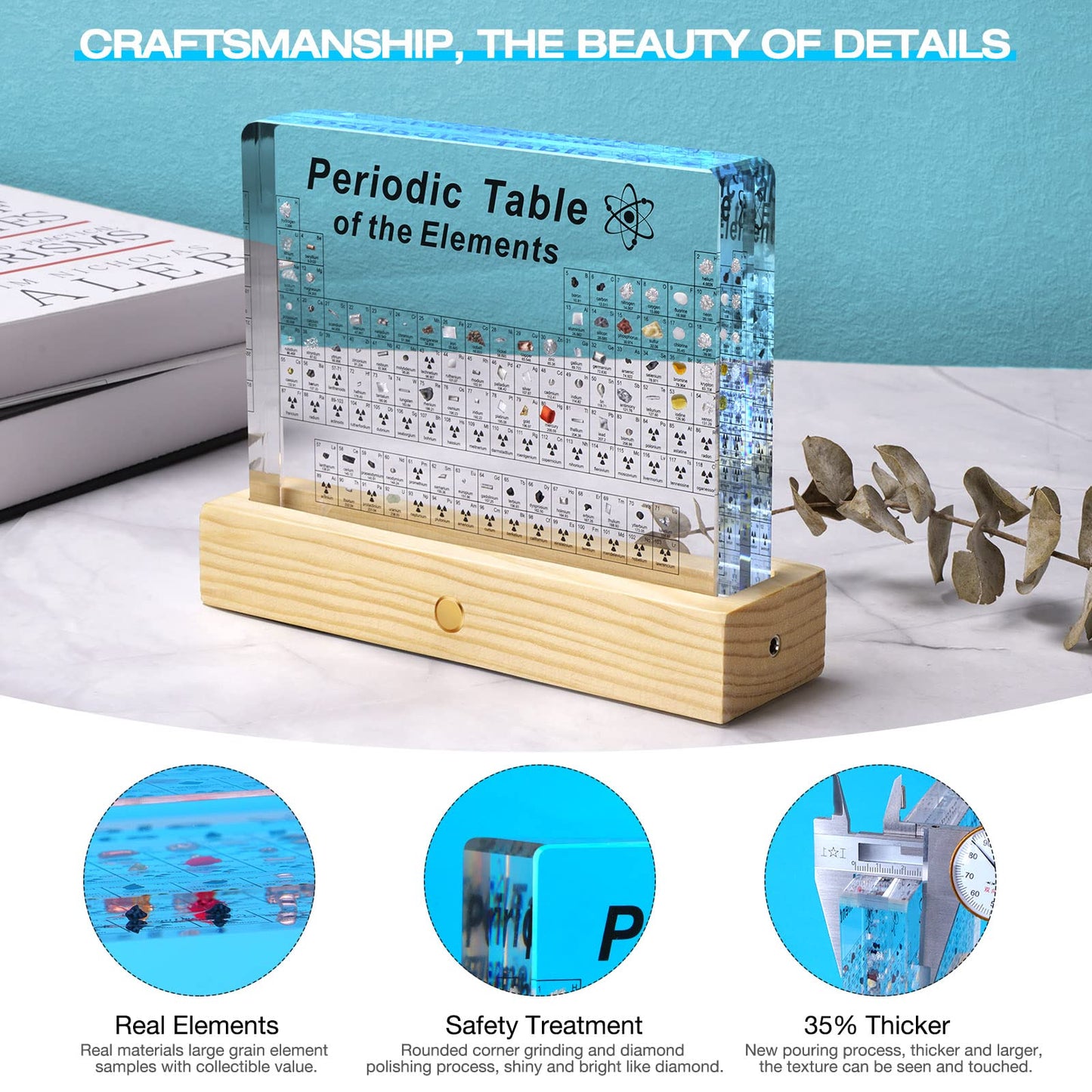 Jeebel Periodic Table of Real Elements, LED acrylic periodic table lamp with 83 real element samples, a great educational tool for crafting and creative gift for students, teachers, and children.