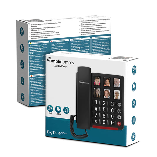 Amplicomms BigTel 40 Plus, corded large button telephone with six photo speed dial buttons, audio boost +40dB, extra loud ringtones, hearing aid compatible.