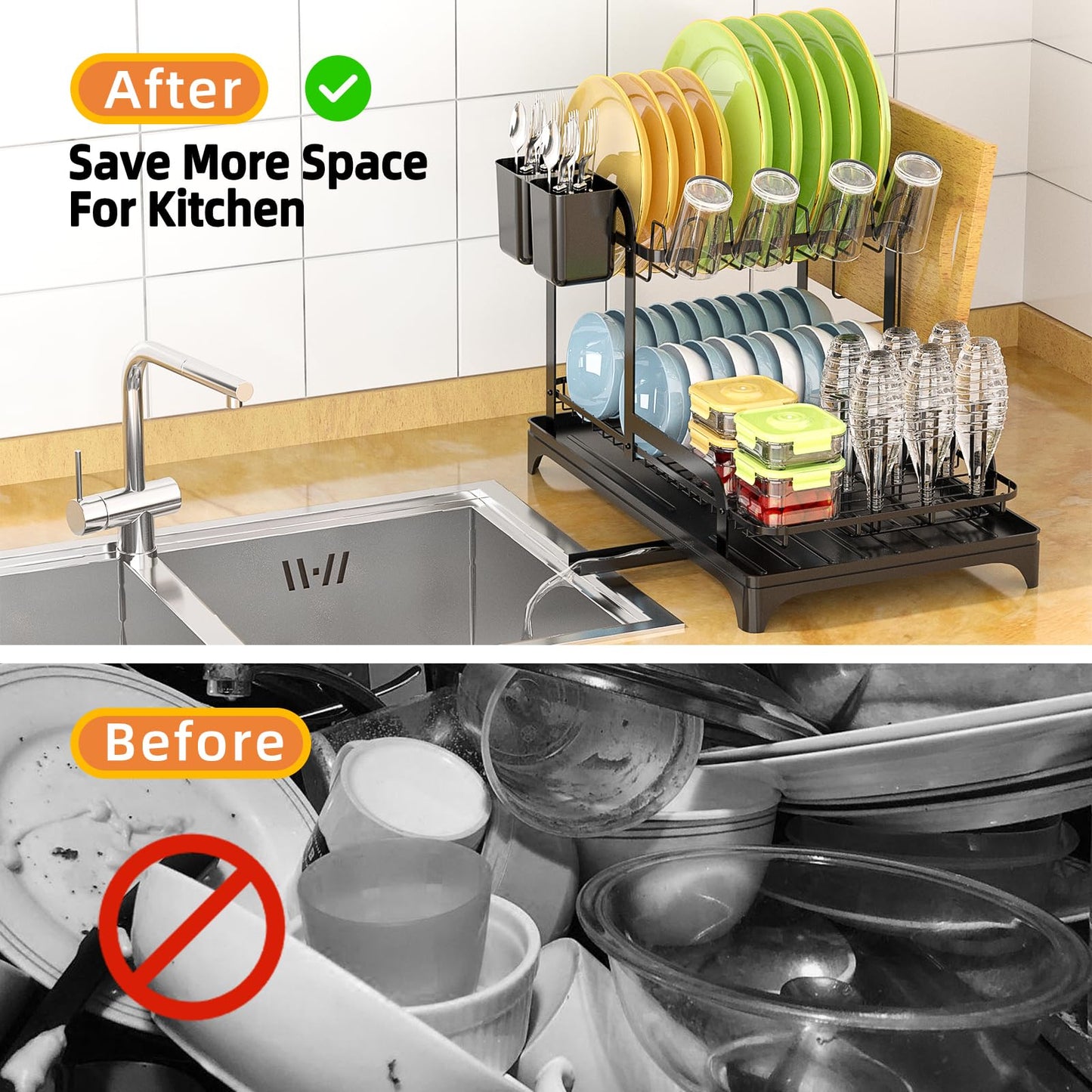 Yexati Large Capacity Dish Drying Rack 2-Tier Dish Drainer with Drip Tray Anti-Rust Dish Rack for Kitchen Counter Plus Utensil Holder, Bottle Drying Rack, Black