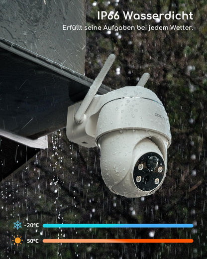COOAU 2K outdoor battery-powered security camera, 355°/90° rotatable, wireless WLAN IP camera with color night vision, person/motion detection, IP66 waterproof, cloud storage.