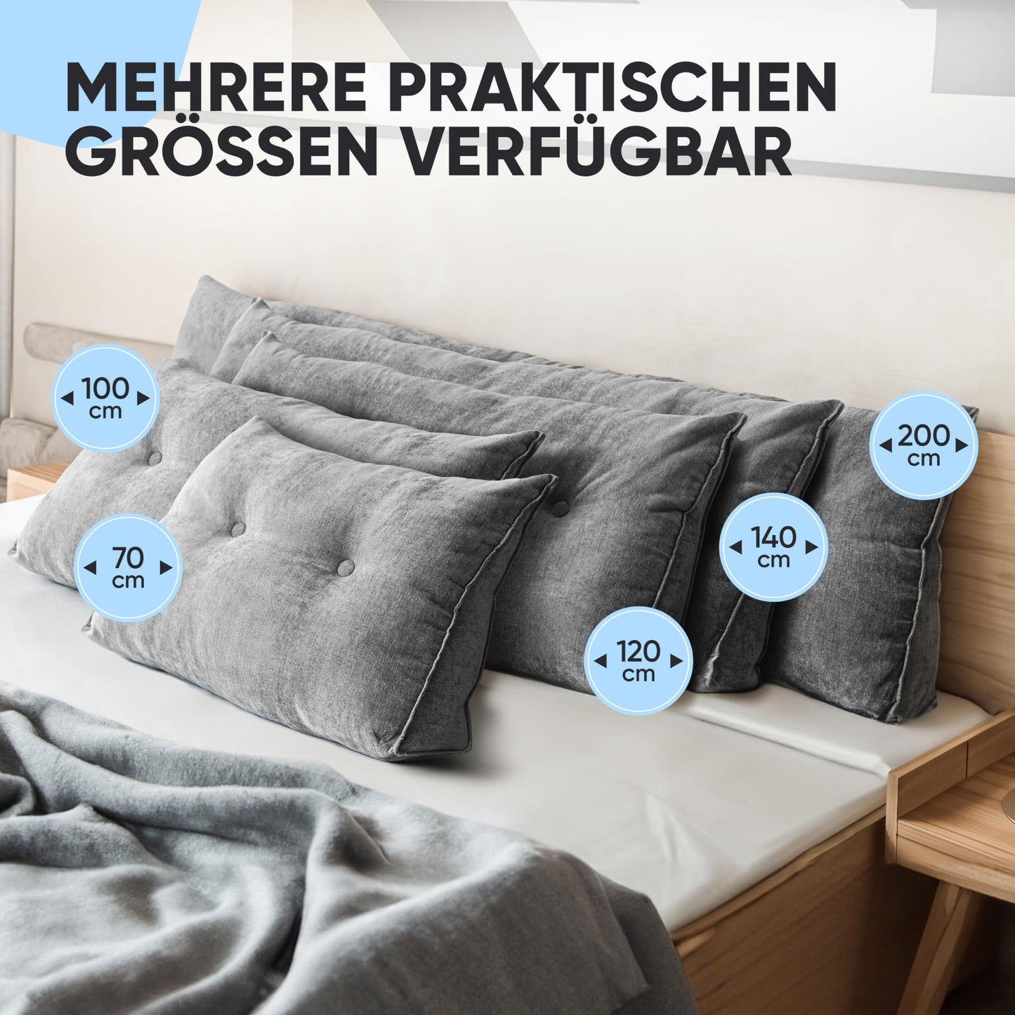 Björn & Schiller Back Pillow - Reading Pillow for Bed and Sofa, Wedge Pillow, Back Cushion for the Wall, Seat Cushion, Wall Pillow, large with washable cover (Gray, 200 cm)