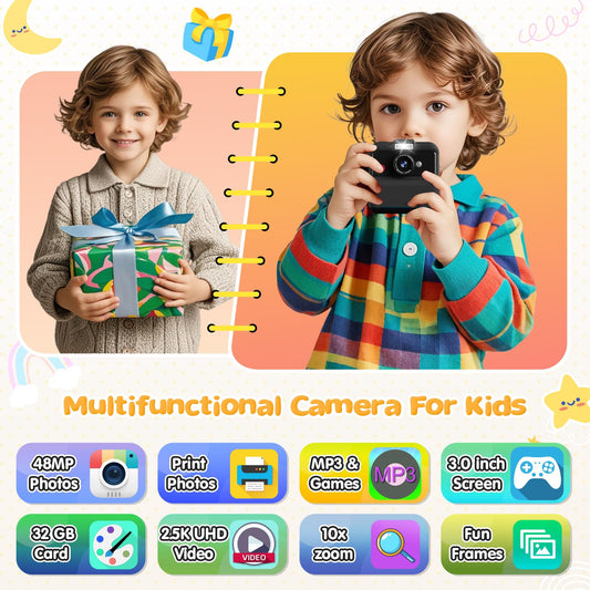CAMCLID instant camera for kids, 3.0 inch screen kids camera instant camera, 48MP/1080P kids camera instant print with 32GB card, toy gift for boys and girls age 3-12 (black)