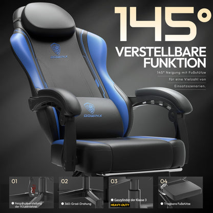 Dowinx Gaming Chair, Ergonomic Gamer Seat made of PU leather with lumbar support, massage function and wide backrest, up to 150 kg load capacity, Blue.
