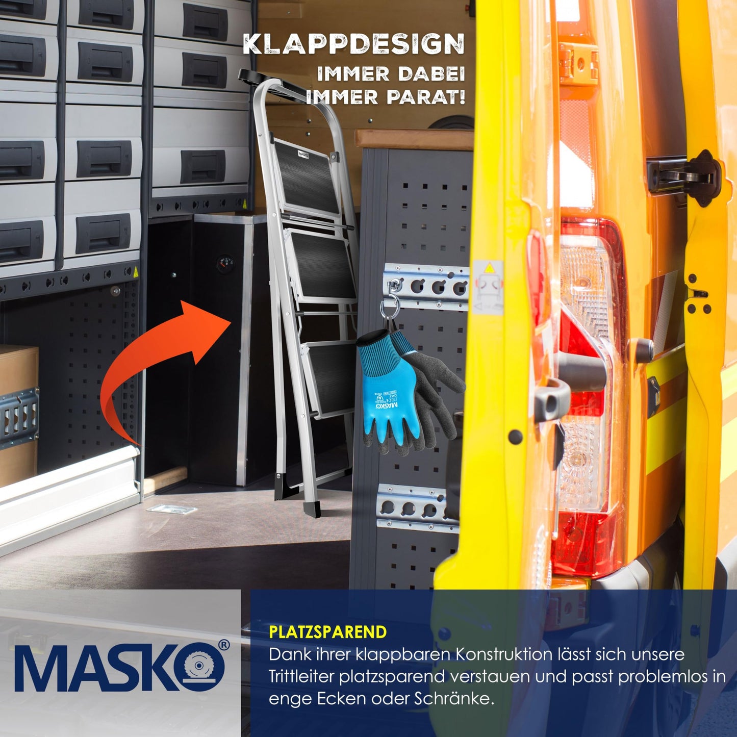 MASKO® Folding Step Ladder 3 Step ladder Step Ladder loadable up to 150 kg | Step Stool Anti-Slip | Folding Step Stool with Gloves, Tool Tray & Automatic Lock, Gray