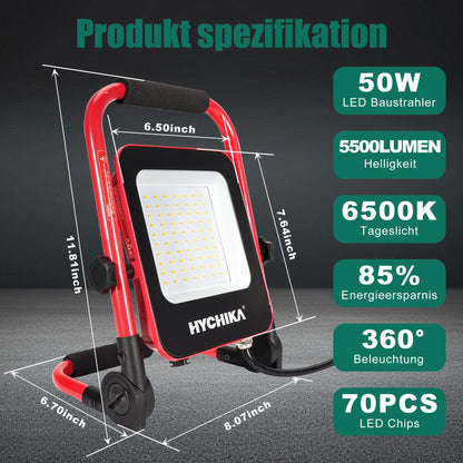 HYCHIKA LED construction spotlight, 50W 5500LM work light, LED work light with plug, IP65 waterproof construction spotlight LED with 3M cable, portable construction spotlight for workshop or construction site, garage, 6500K