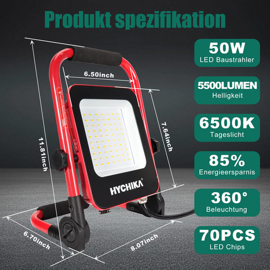 HYCHIKA LED construction spotlight, 50W 5500LM work light, LED work light with plug, IP65 waterproof construction spotlight LED with 3M cable, portable construction spotlight for workshop or construction site, garage, 6500K