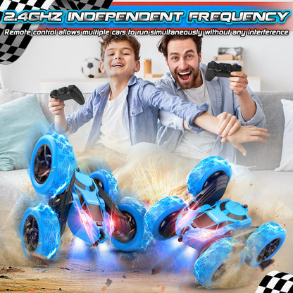 Cosone Remote Control Car, 2.4 GHz RC Cars with headlights, All-wheel Drive Off-road Stunt Car, Double-sided 360° Rotatable Car Toy, Gifts for Kids 6+ Years Old (Blue)