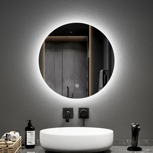 EMKE bathroom mirror with lighting, 50cm diameter round illuminated mirror with dimmable cool white light, memory function, touch switch, energy-saving IP44 backlit bathroom mirror